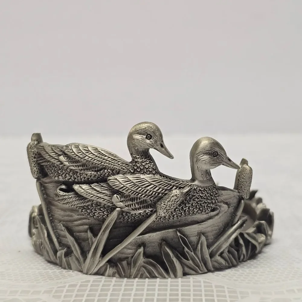 Vintage 70s Ducks In Reeds Pewter Pillar Candle Holder Cabin Country Cottage
